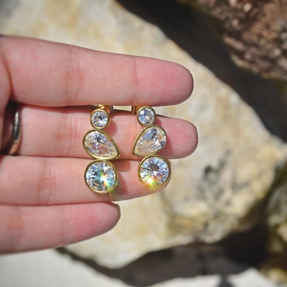 Gold Mixed Crystal Statement Stud Earrings - Picture 2 of 6